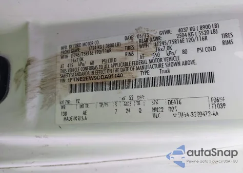 2013 Ford E-250 Commercial из США, поврежденный, VIN 1FTNE2EW9DDA91140